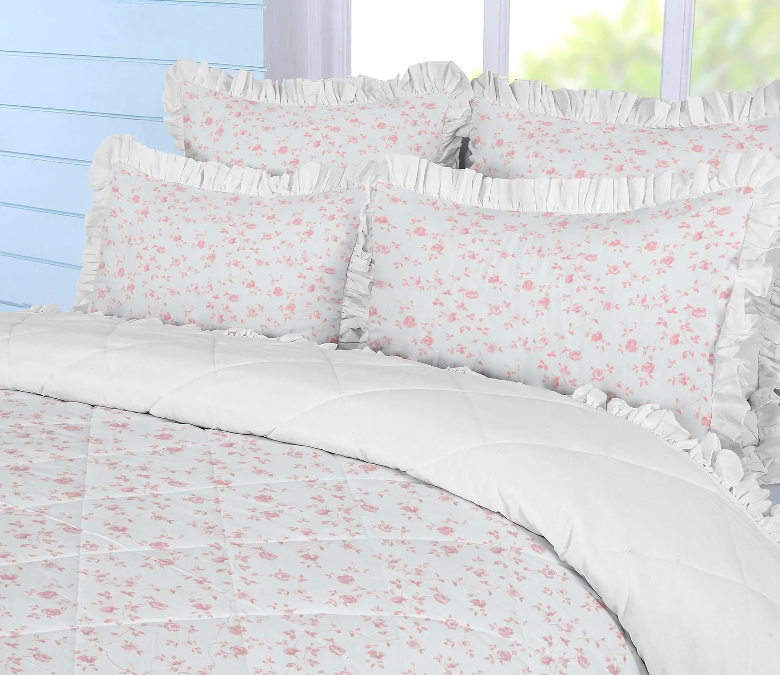 Blush Pink Floral Cotton Bedding Set with Ruffle Shams