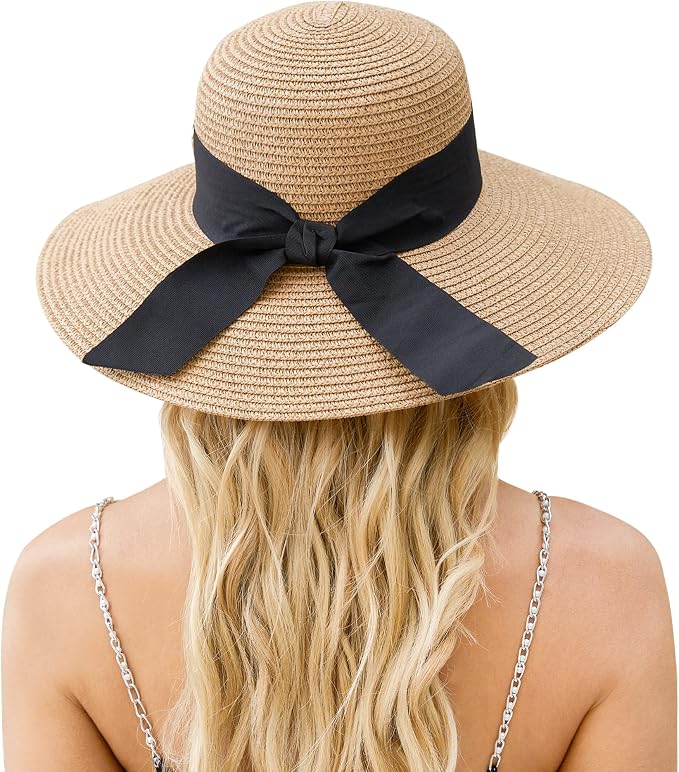 Wide-Brim Straw Sun Hat with Black Grosgrain Ribbon Bow