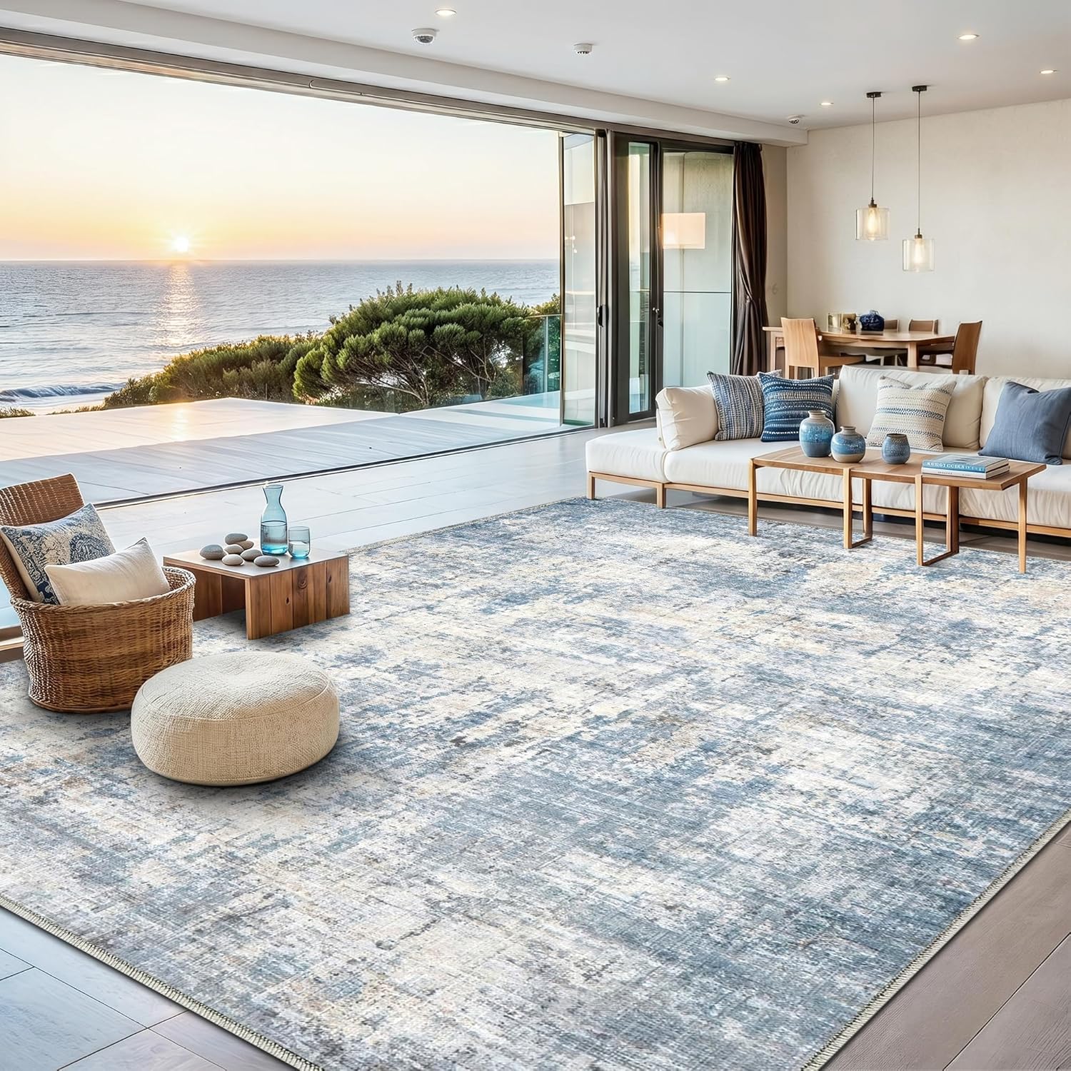 Syrlfar Washable Coastal Blue Abstract Area Rug