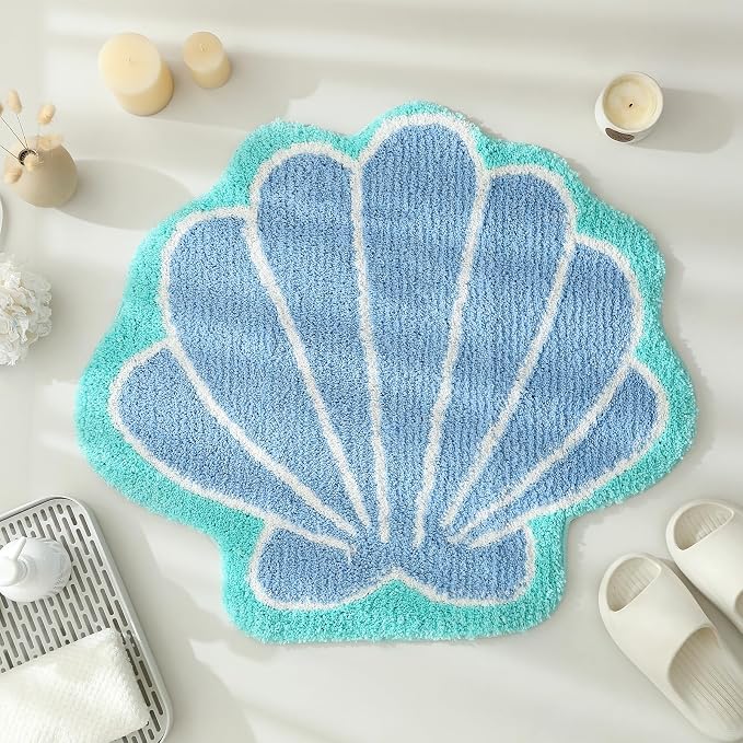 YRXRUS Blue Seashell-Shaped Plush Bath Mat (22"x26")