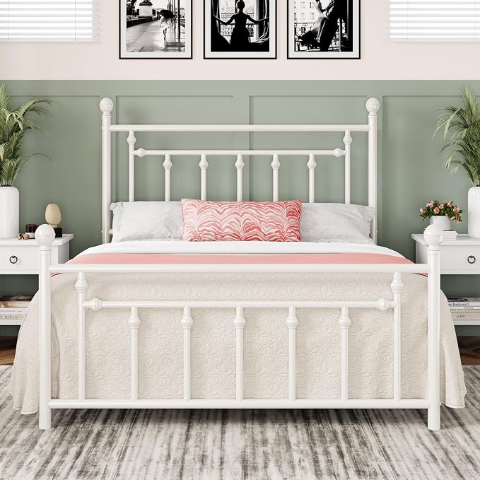 White Metal Vintage Platform Bed Frame with Headboard & Footboard