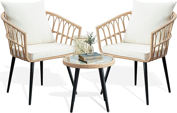 PORWEY 3-Piece Wicker Patio Bistro Set — Natural Rattan with Ivory Cushions