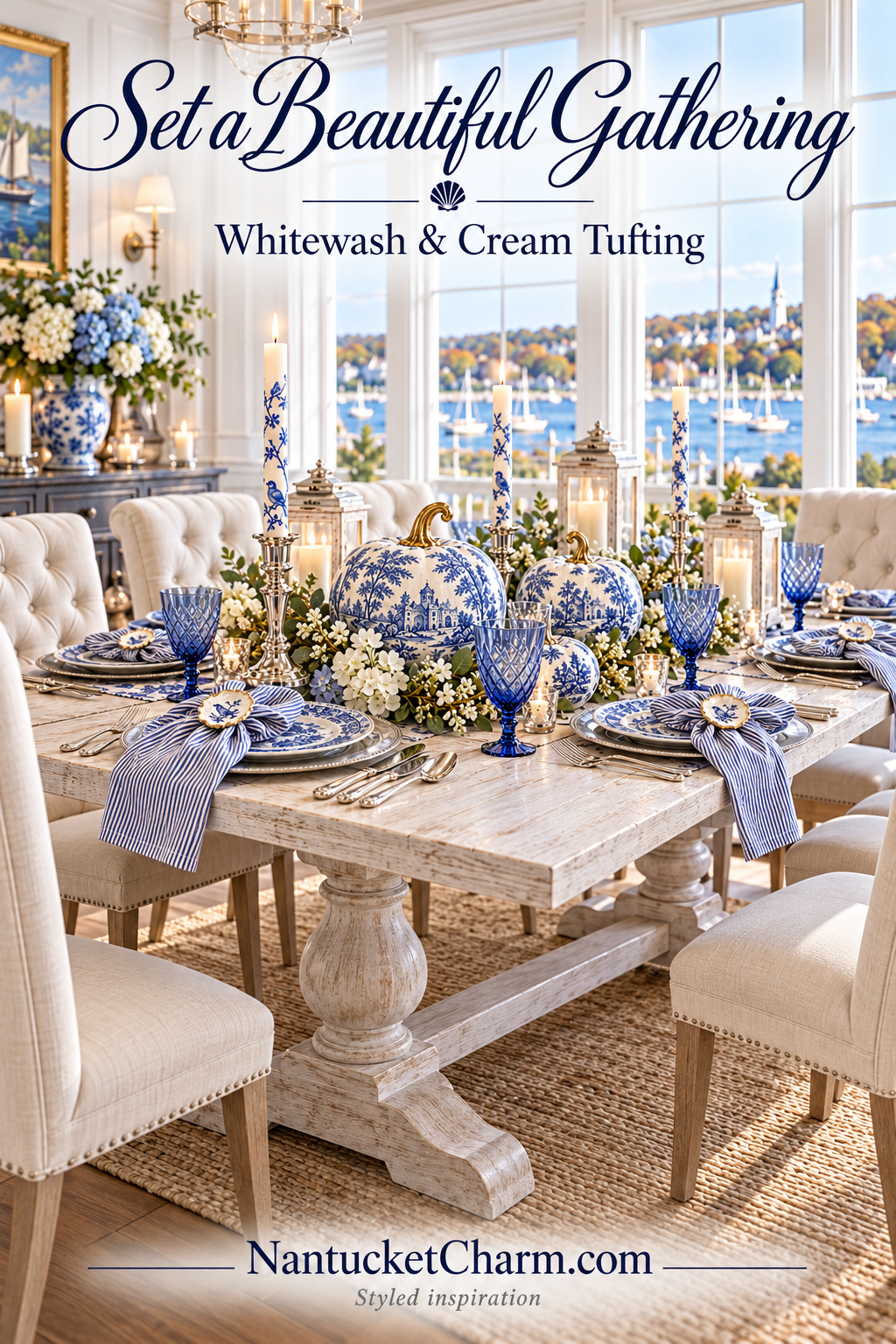 Set a Beautiful Gathering Thanksgiving table with whitewash trestle table, cream tufted dining chairs, Spode blue and white plates, pewter chargers, oyster shell napkin rings, striped napkins, blue goblets, chinoiserie taper candles, white lanterns and blue toile pumpkins overlooking the harbor.