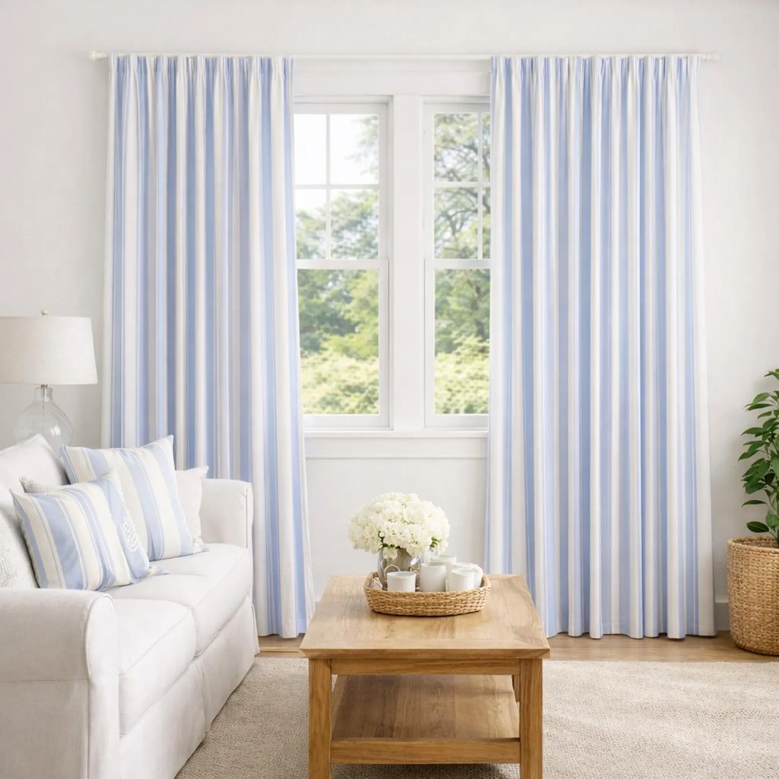 Nantucket Harbor Stripe Fabric — Coastal Blue & White Drapery Linen