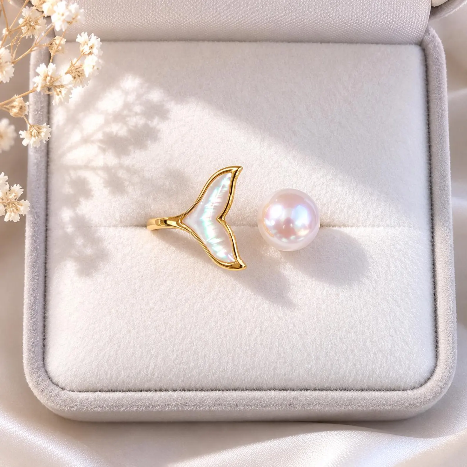 Dainty Gold Mother-of-Pearl Mermaid Tail Open Ring