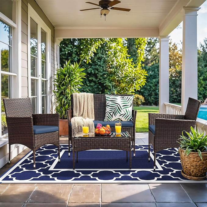 Brown Wicker 4-Piece Patio Conversation Set with Navy Cushions