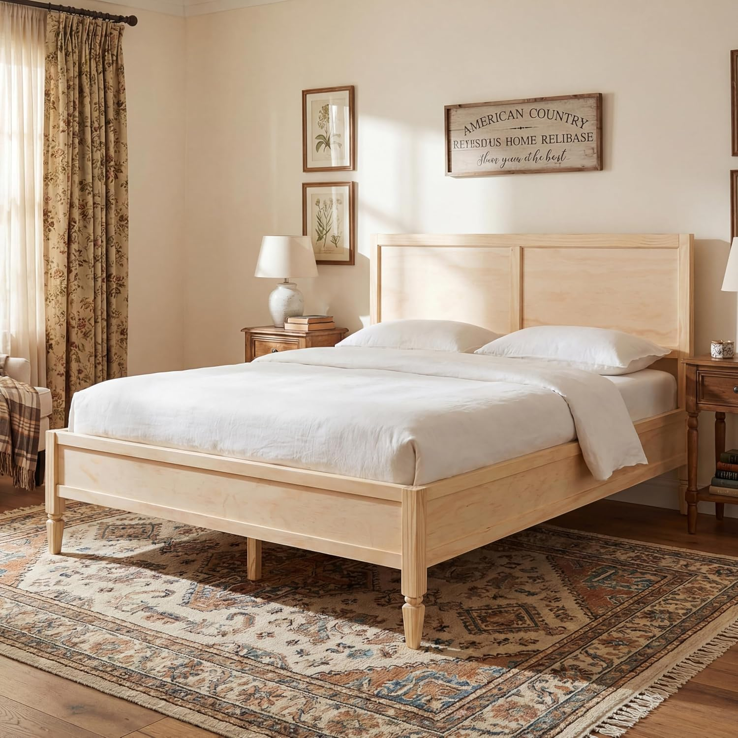Natural Wood Panel Headboard Platform Bed Frame