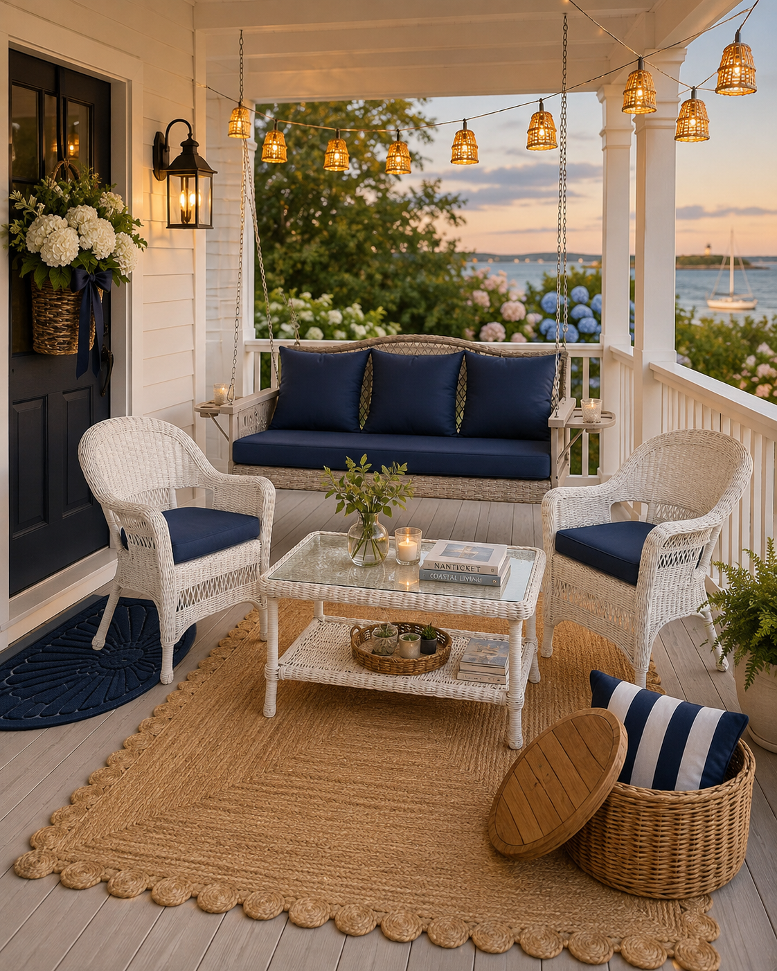 Shingled Nantucket porch at sunset with a three-seat wicker swing with navy cushions, two white wicker armchairs with blue cushions, a glass-top wicker coffee table, a scalloped-border jute rug, rattan basket string lights, an aged zinc wall lantern, a white hydrangea door basket with a navy velvet bow, a navy semicircular doormat and a wicker storage ottoman with a navy stripe pillow, overlooking the harbor.