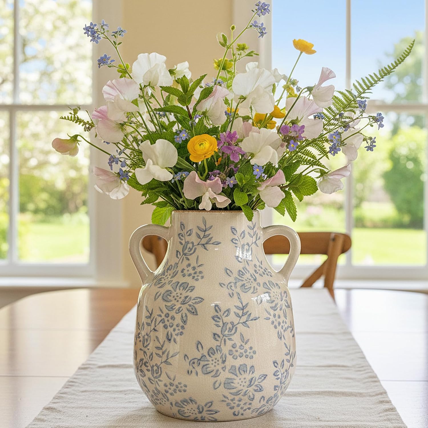 Blue and White Chinoiserie Ceramic Vase — Vintage Flower Vase, 8.1in.