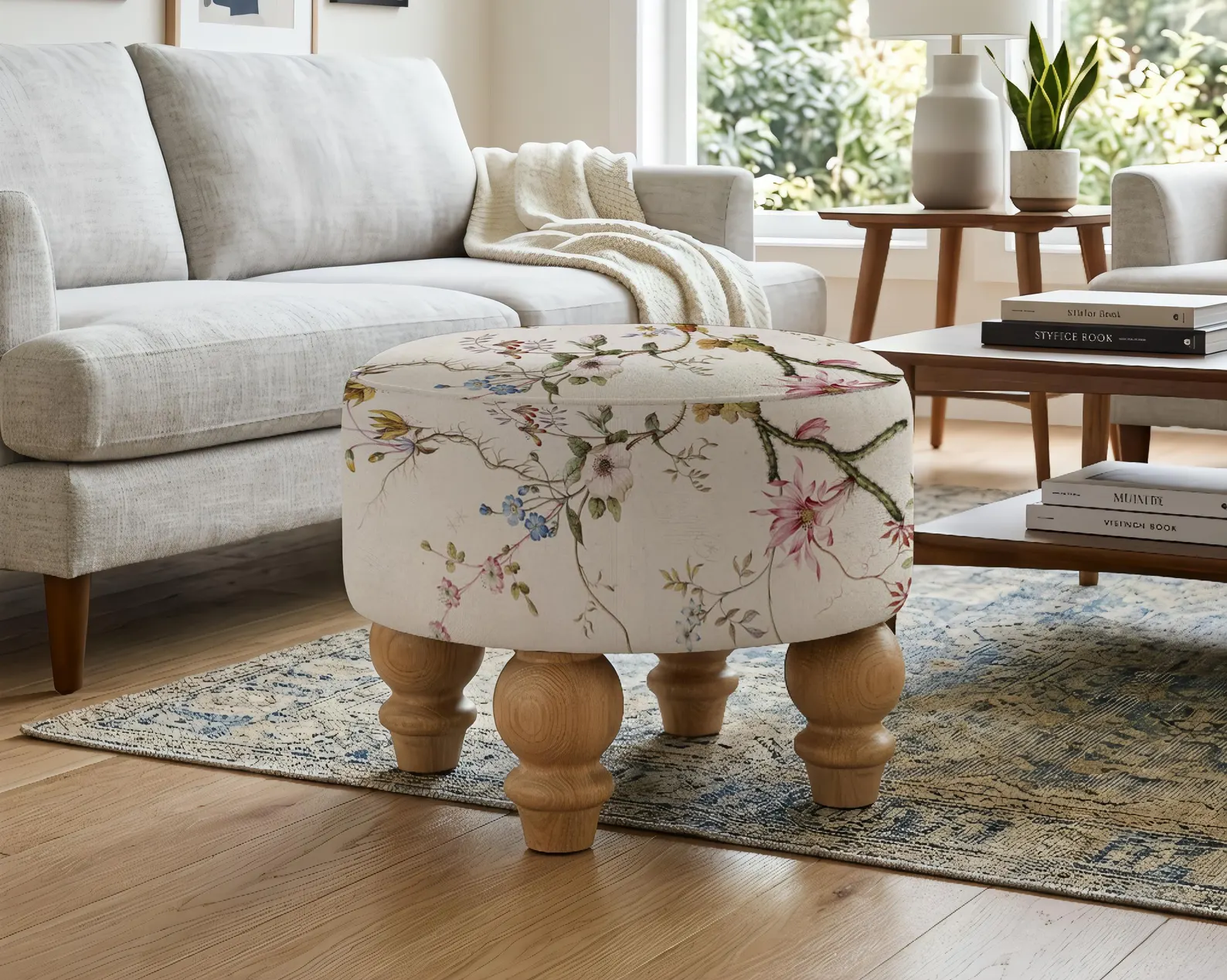 Printed Upholstery Handmade Footstool — Floral Round Vanity Stool