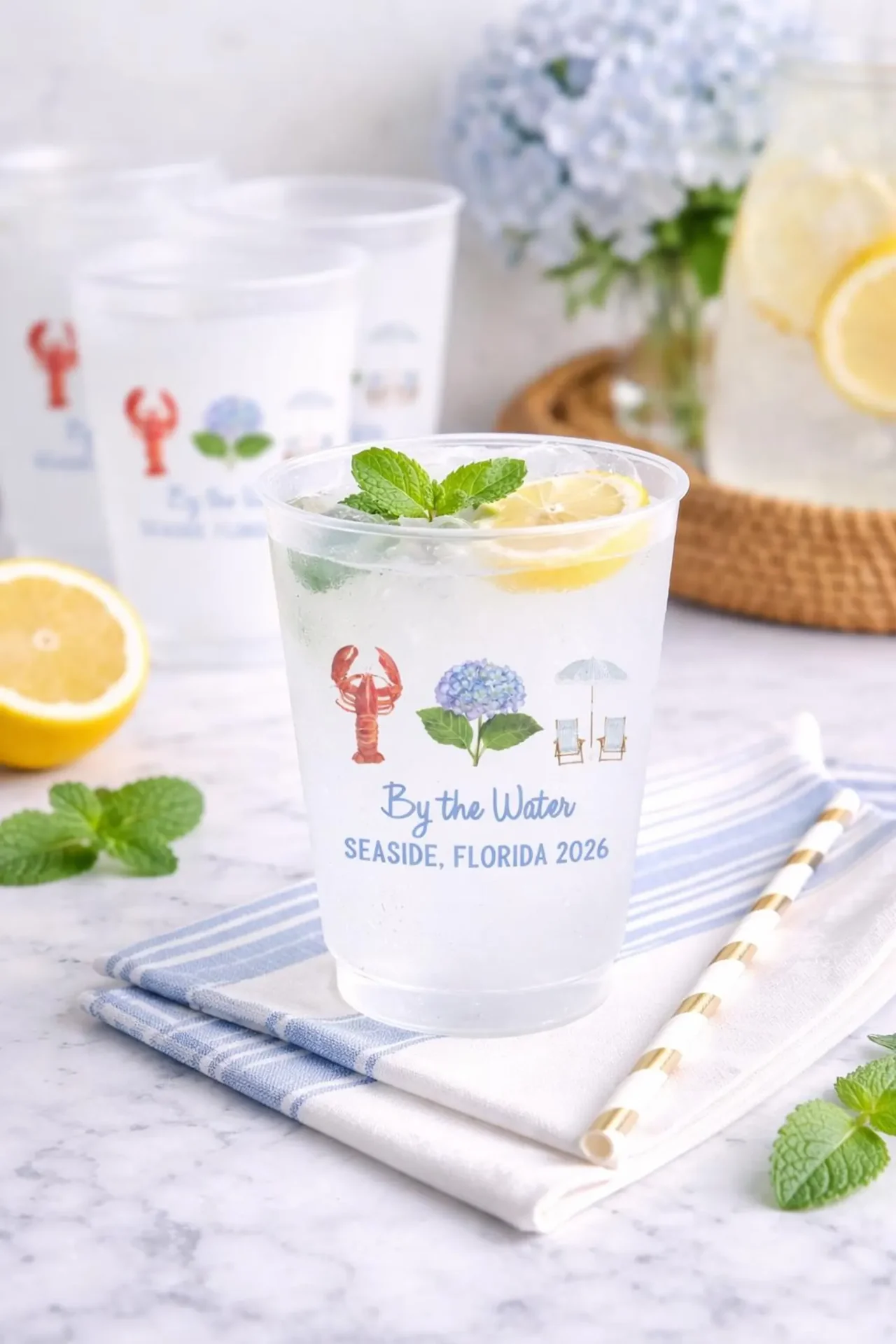 Beach House Coastal Frost-Flex Cups — Lobster, Hydrangea & Beach Chairs (Personalized)