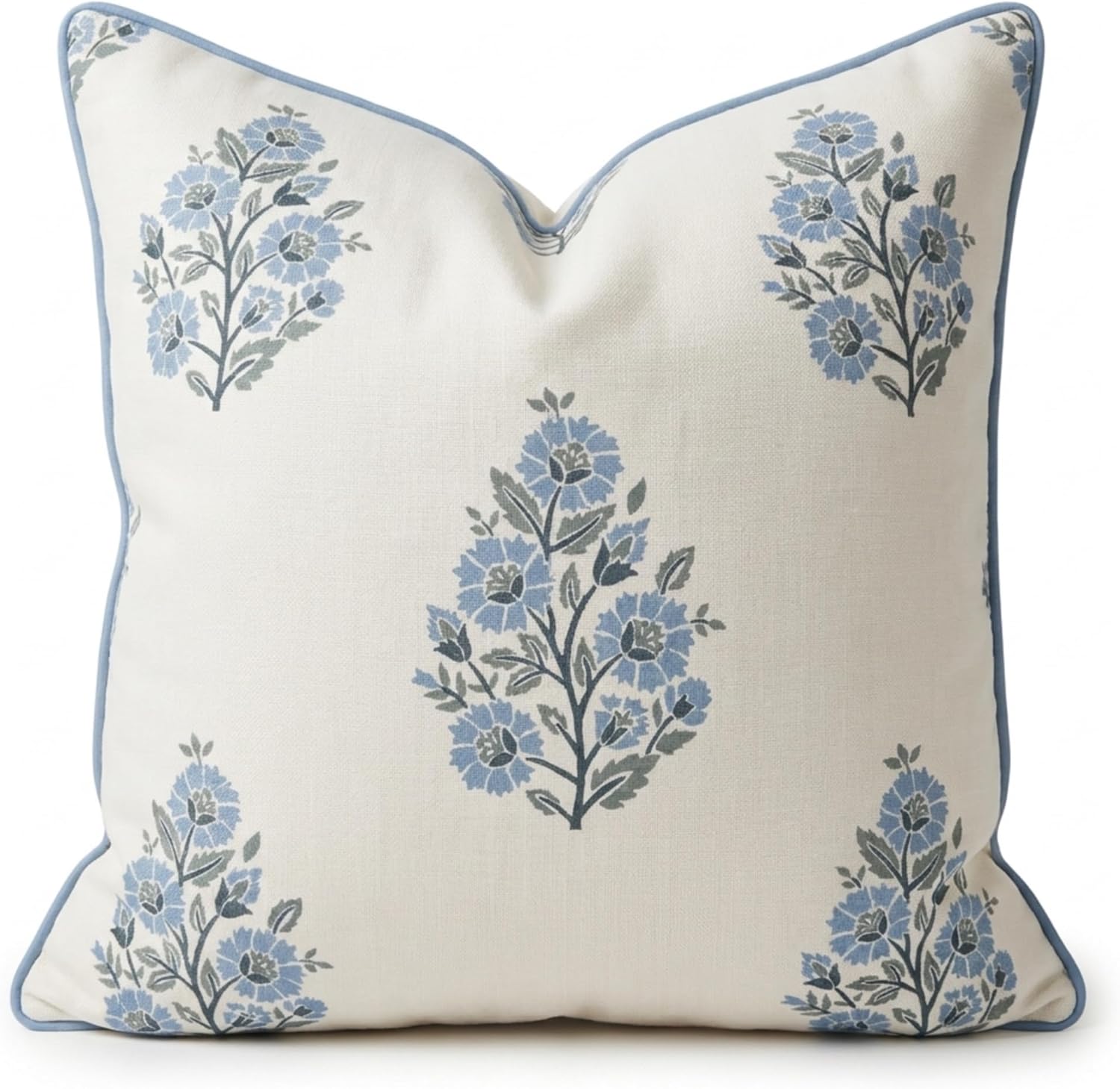Blue Floral Block Print Pillow Cover with Cornflower Piping (Cream Linen)
