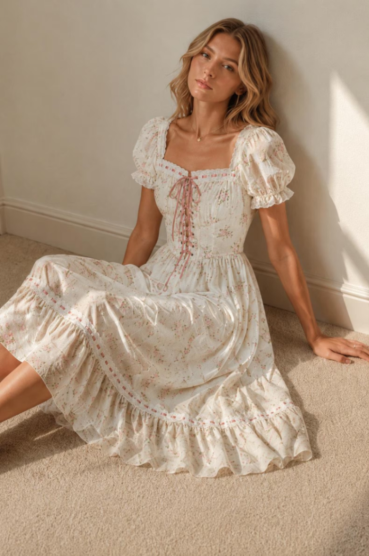 Ivory Floral Puff-Sleeve Ribbon Corset-Tie Midi Dress