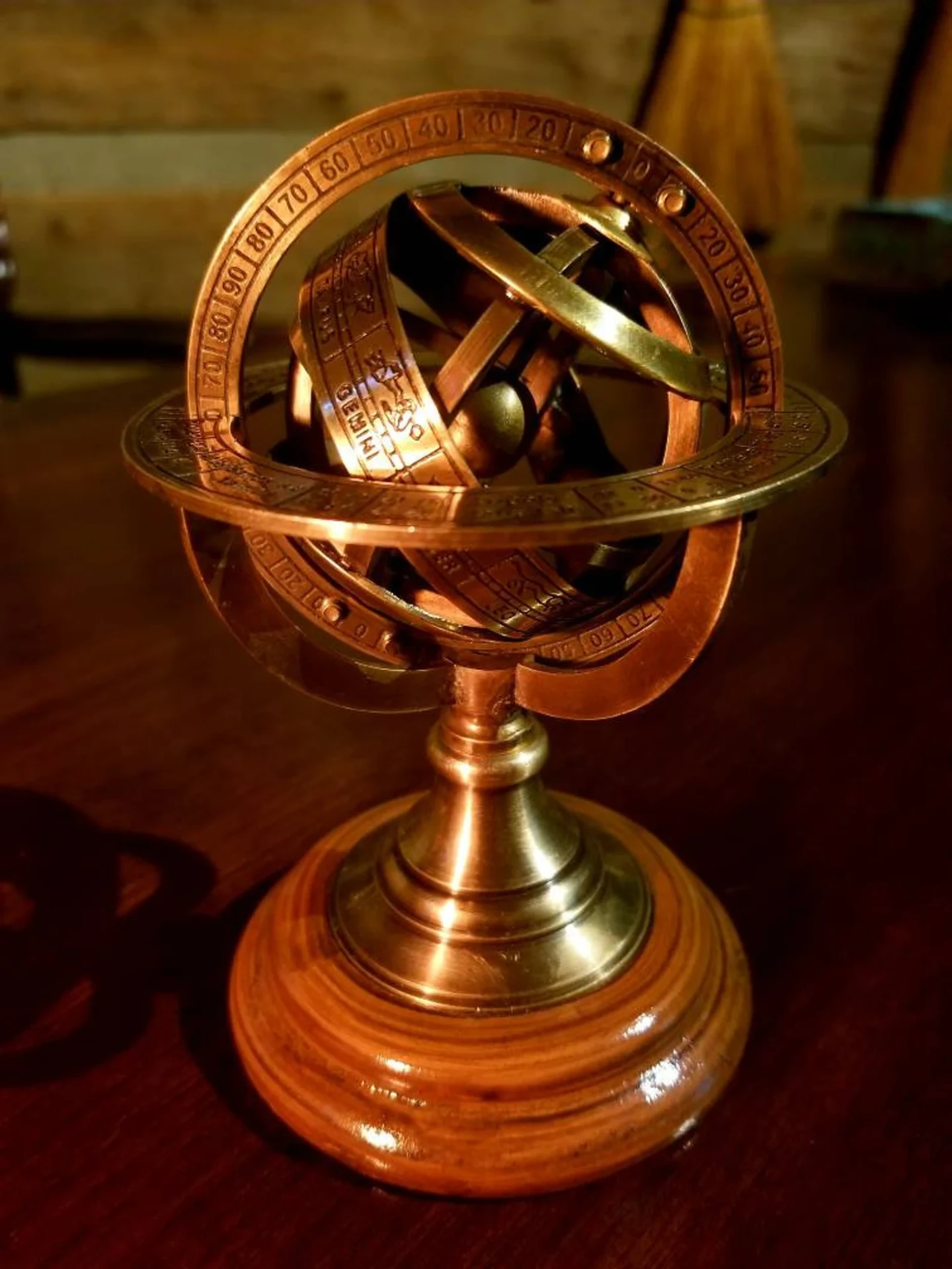 Brass Armillary Sphere — Vintage Celestial Globe on Wooden Base