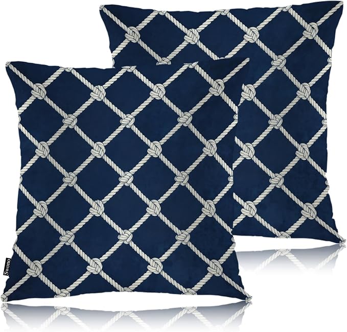 Swono Nautical Rope Knot Pillow Covers, 18"x18" (Set of 2) — Navy & White