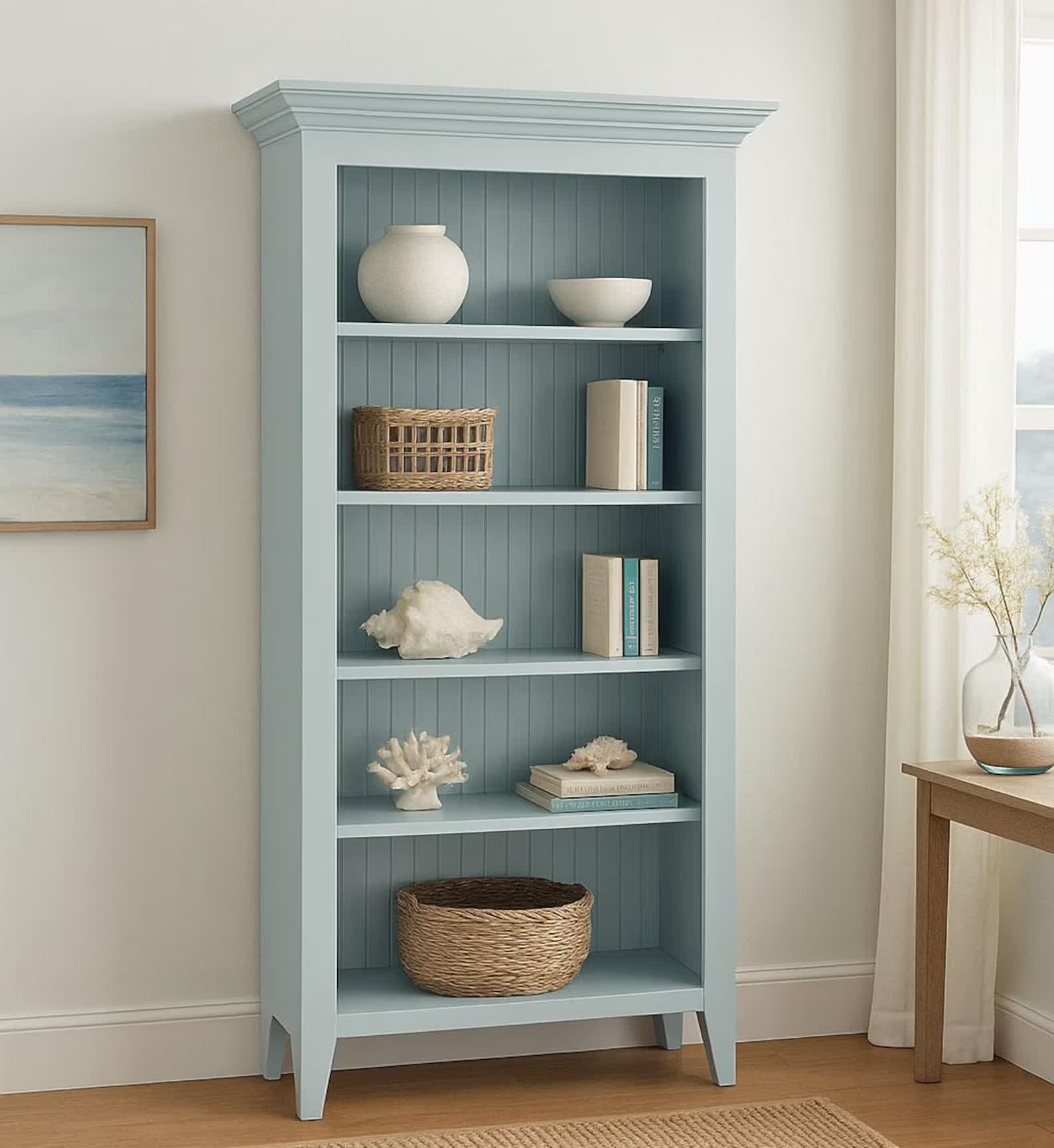 Shaker Bookcase — Tall Cottage Beadboard Bookshelf, Solid Wood