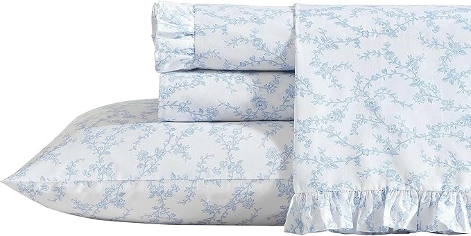 Laura Ashley Victoria Blue Floral Ruffle Cotton Sheet Set