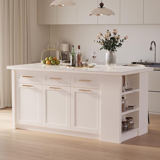 Homary White Kitchen Island with Sintered Stone Top & Storage