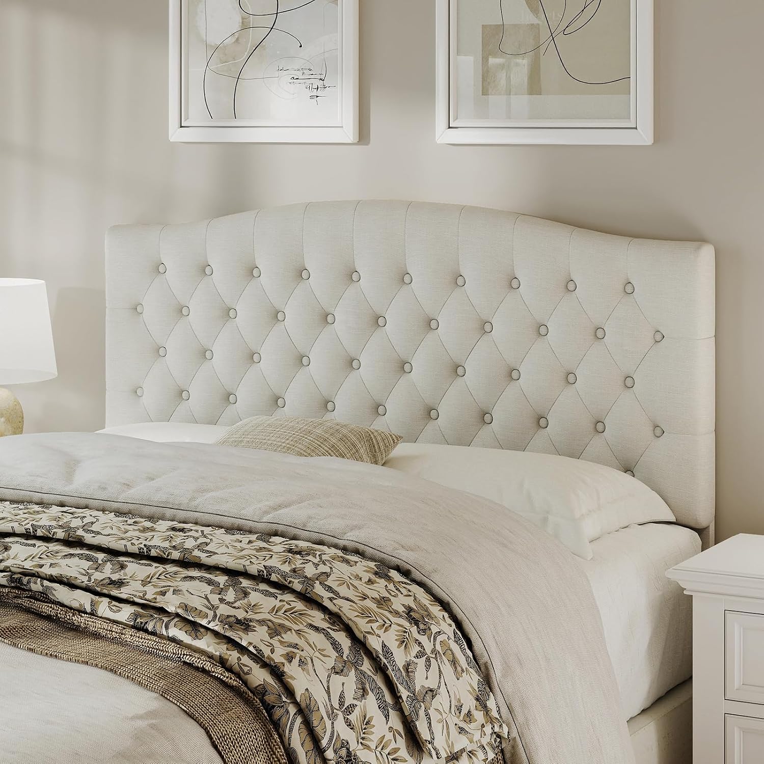 Cream Diamond-Tufted Curved Upholstered Headboard