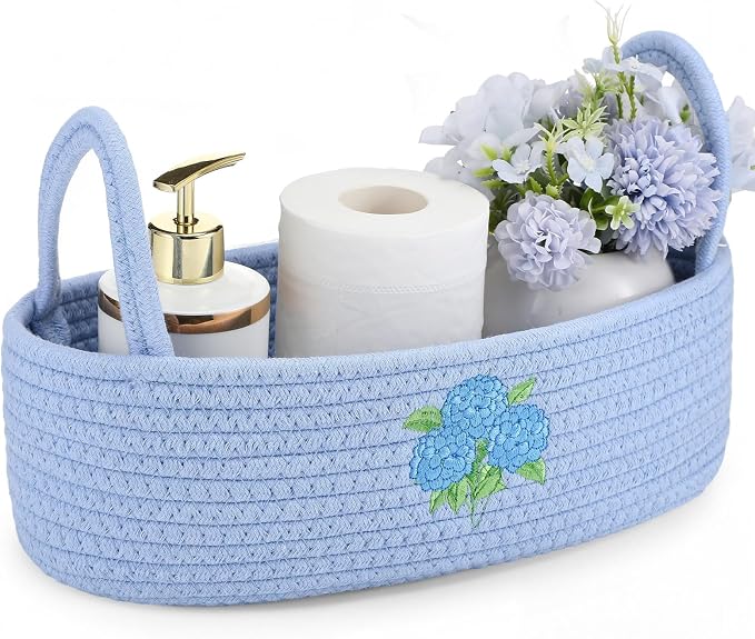 Vesici Hydrangea Embroidered Woven Rope Bathroom Caddy with Handle