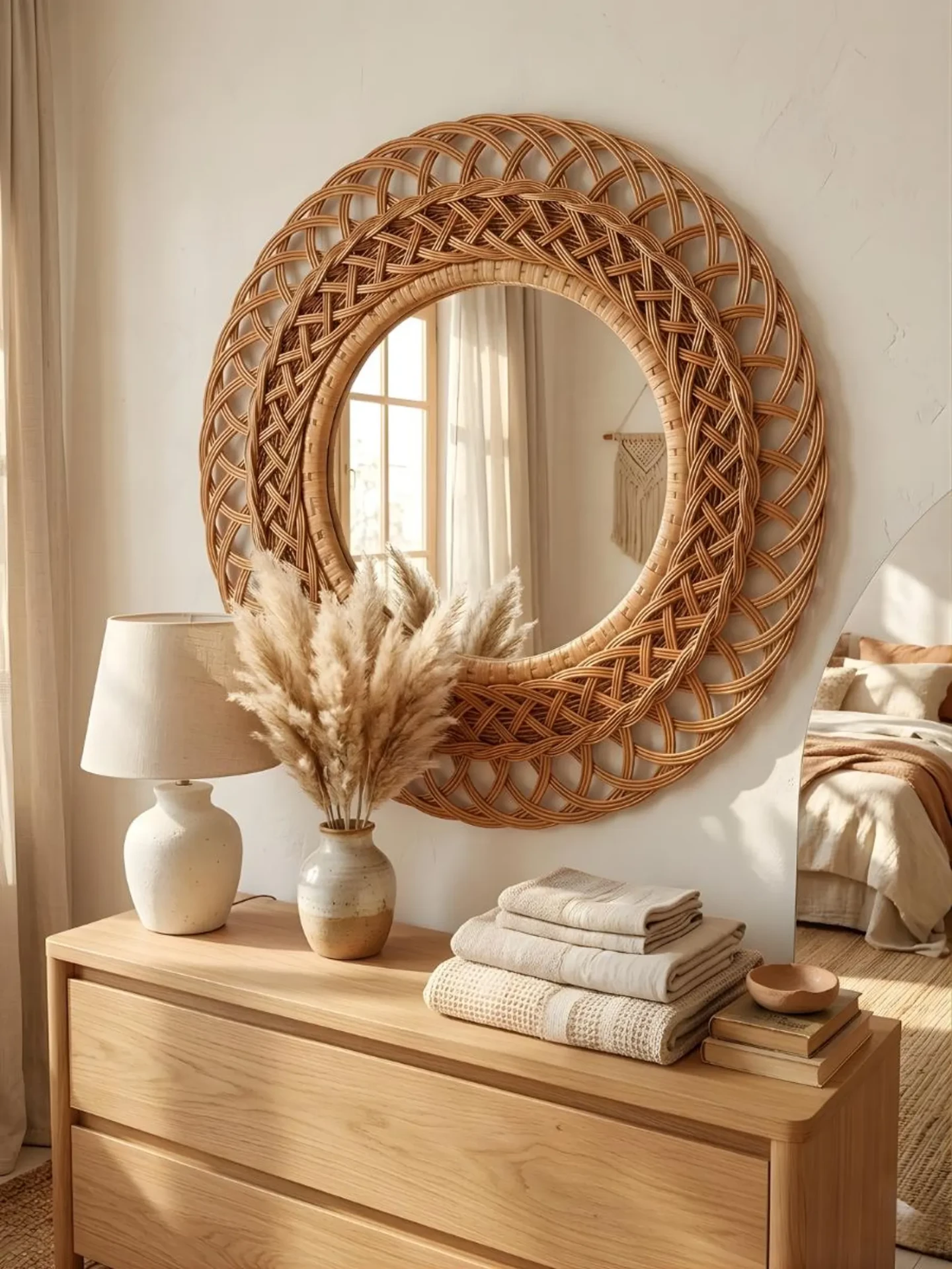 Boho Rattan Round Wall Mirror — Handwoven Wicker Entryway Mirror