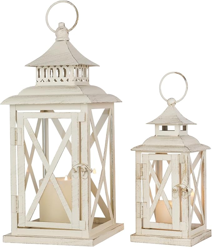 Distressed White Metal Lanterns — Farmhouse Coastal (Set of 2)