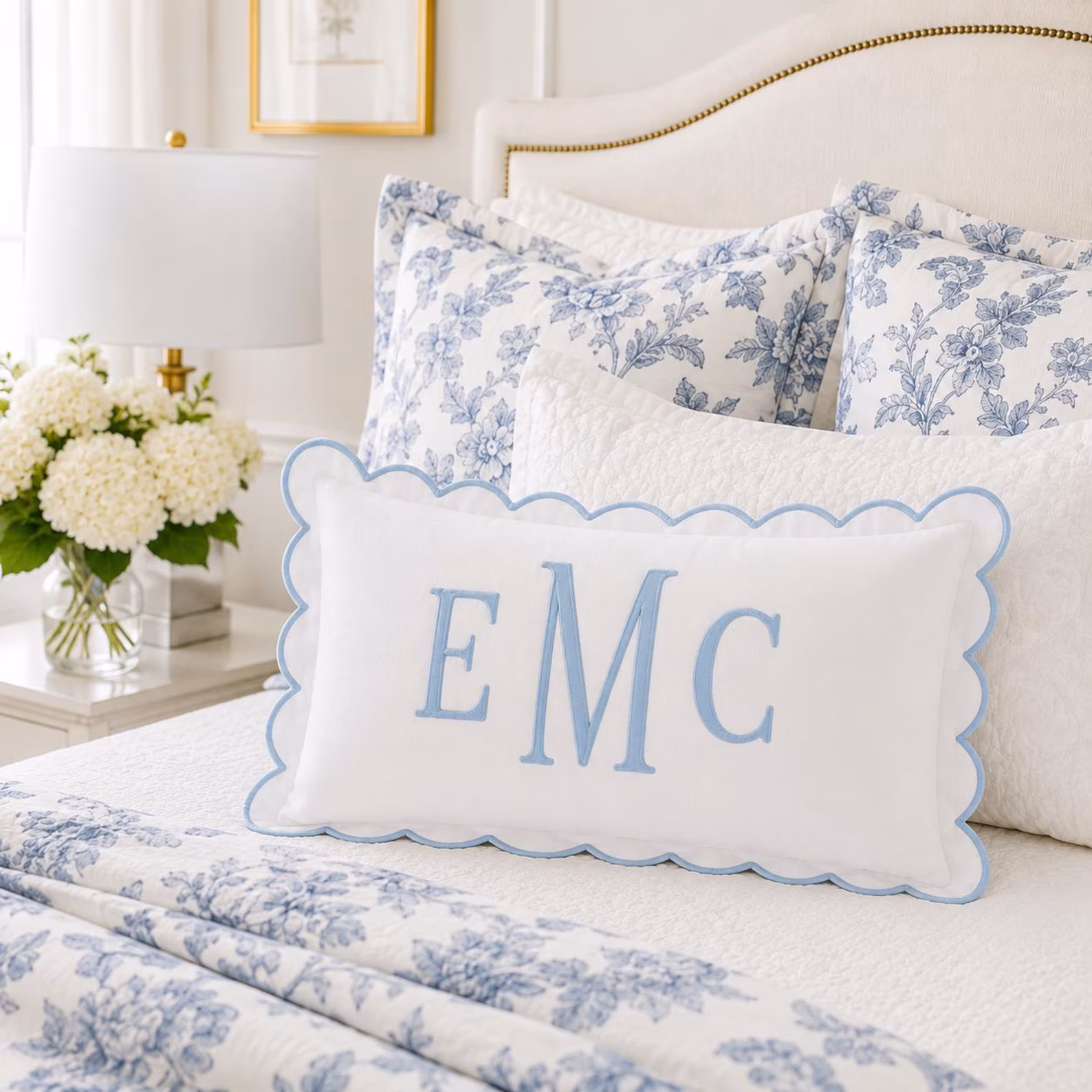 Personalized Blue Scalloped Monogram Pillow — Coastal Cotton