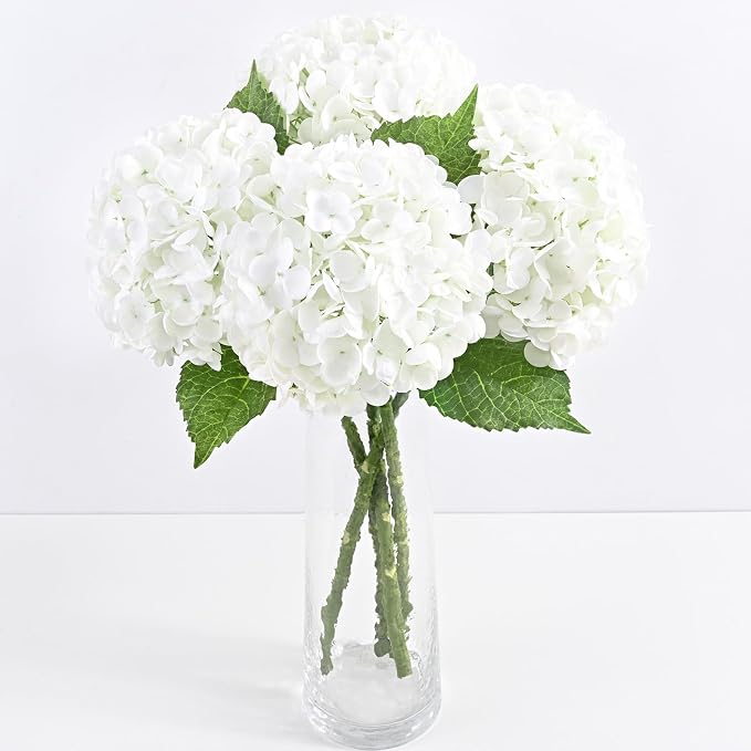 PONEE Premium White Hydrangea Stems — Real-Touch Faux Bouquet