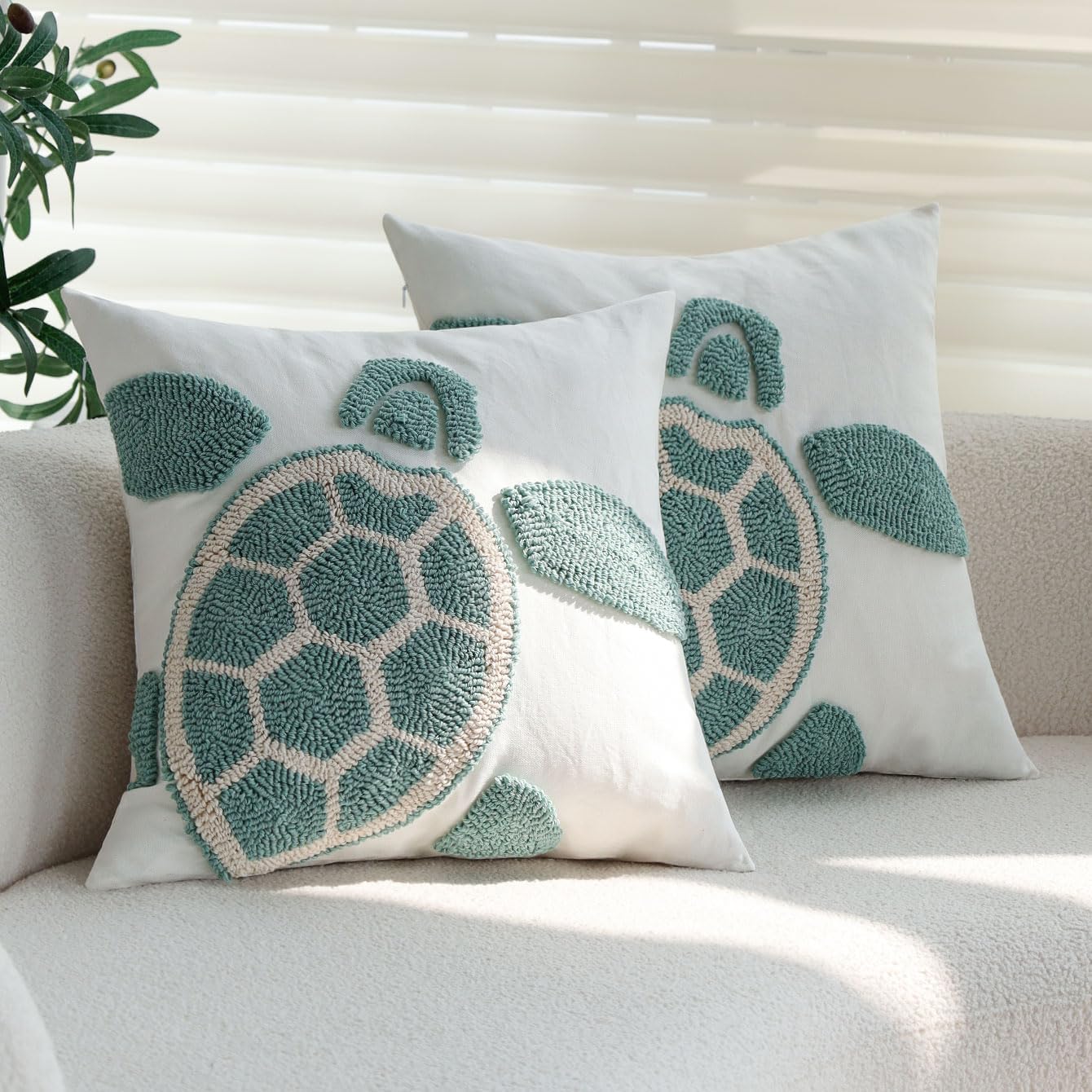 Tufted Sea Turtle Throw Pillow Covers, 18"x18" (Set of 2)