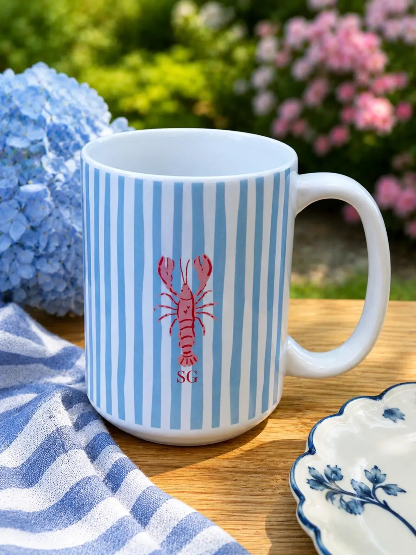 Personalized Lobster Monogram Mug — Blue Stripe Ceramic