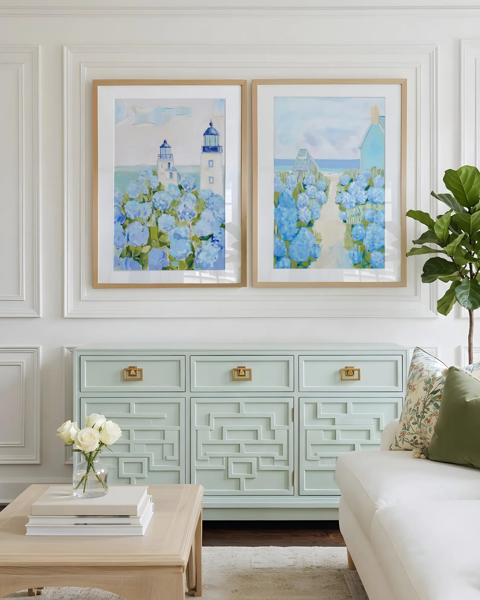 Coastal Garden Wall Art Prints — Lighthouse & Hydrangea Path (Set of 2)