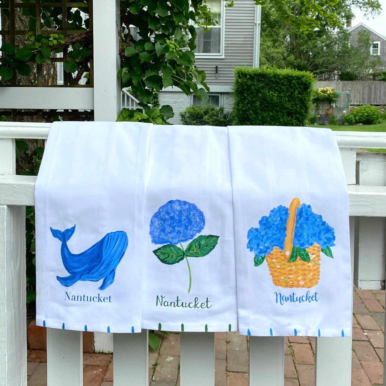 Nantucket Hand-Painted Flour Sack Kitchen Towels — Whale, Hydrangea & Basket (Set of 3)