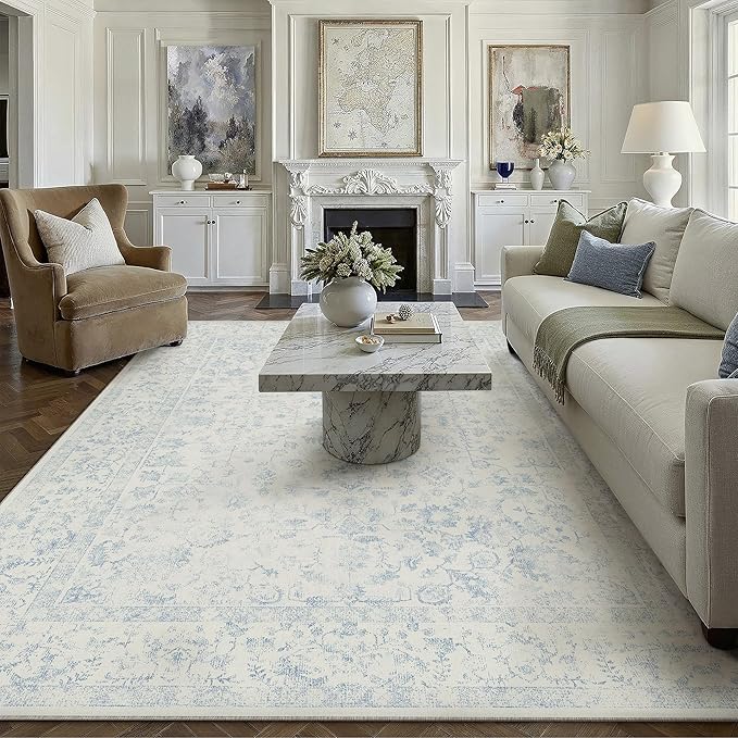 8x10 Blue Vintage Distressed Floral Area Rug (Machine Washable)
