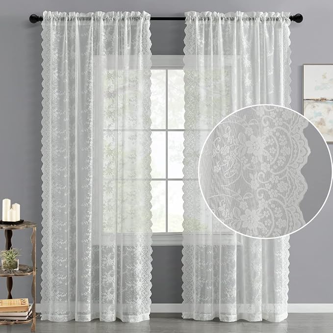 Ivory Floral Lace Sheer Curtain Panels — Set of 2