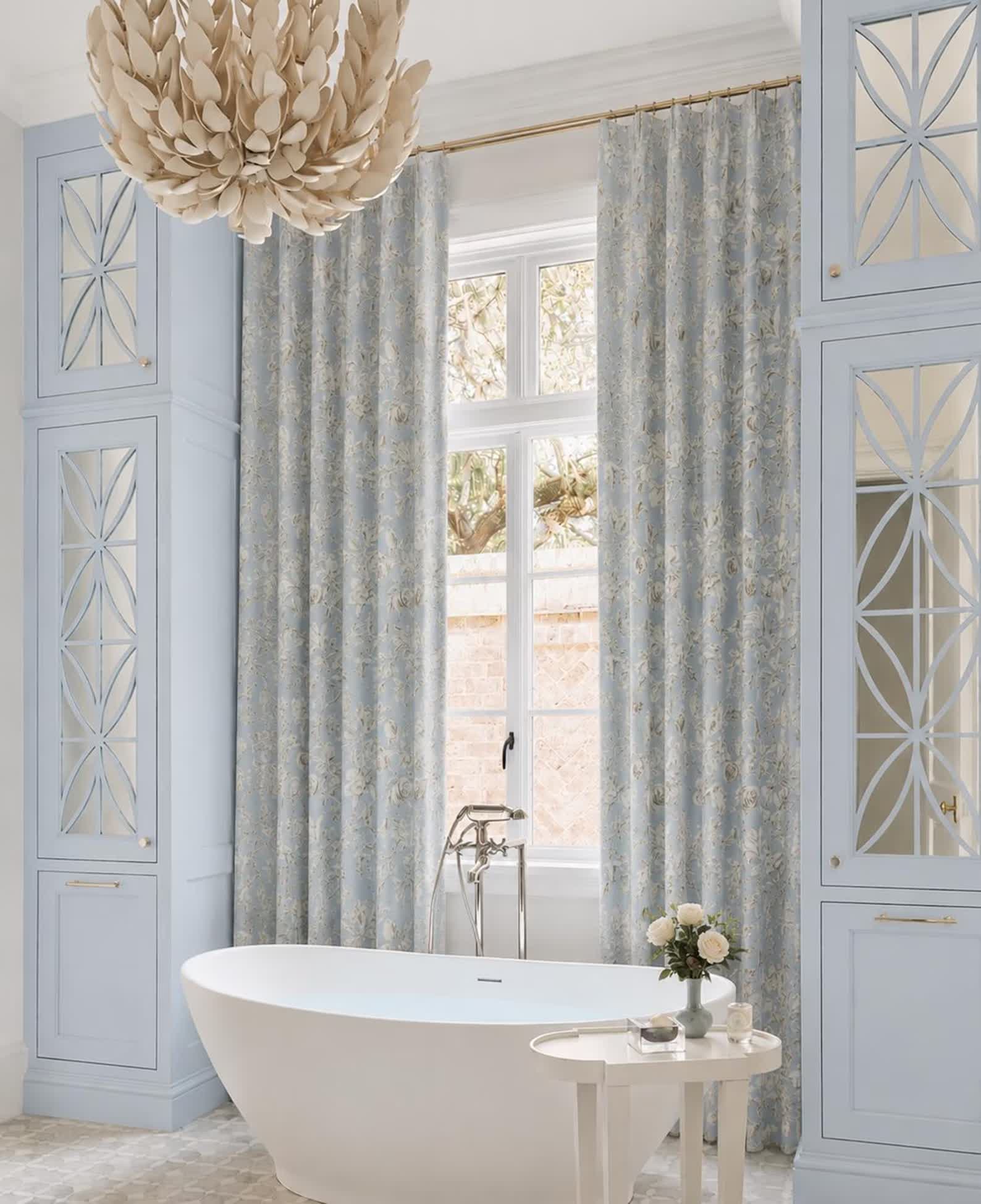 Powder Blue Floral Pinch Pleat Light Filtering Curtains — Memory Trained (Pair)