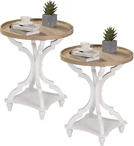 French Country White & Wood Round Accent Tables (Set of 2)