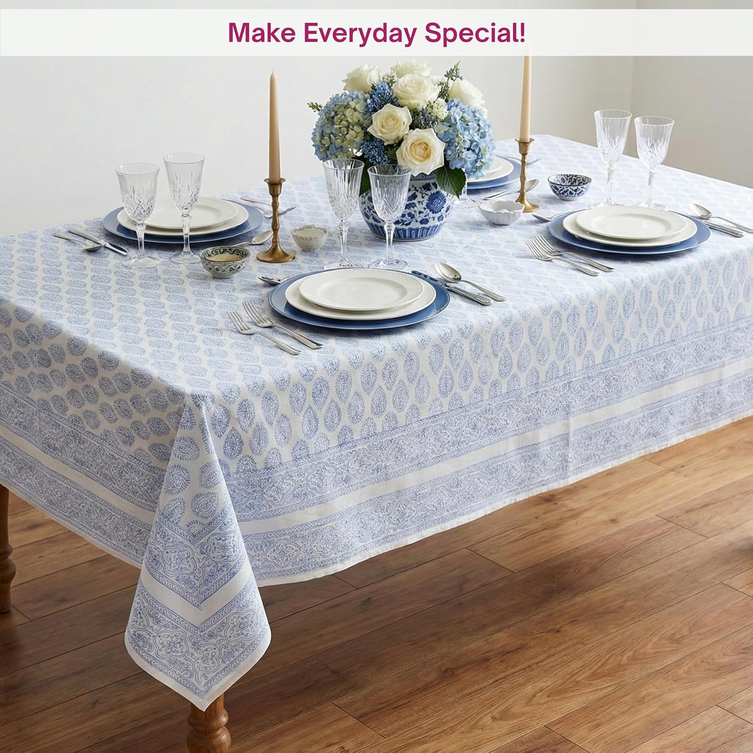 Beeveer Blue Paisley Block-Print Cotton Tablecloth