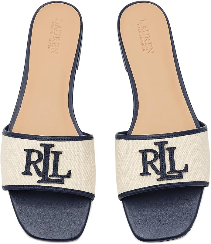 Lauren Ralph Lauren Canvas Monogram Slide Sandals — Navy