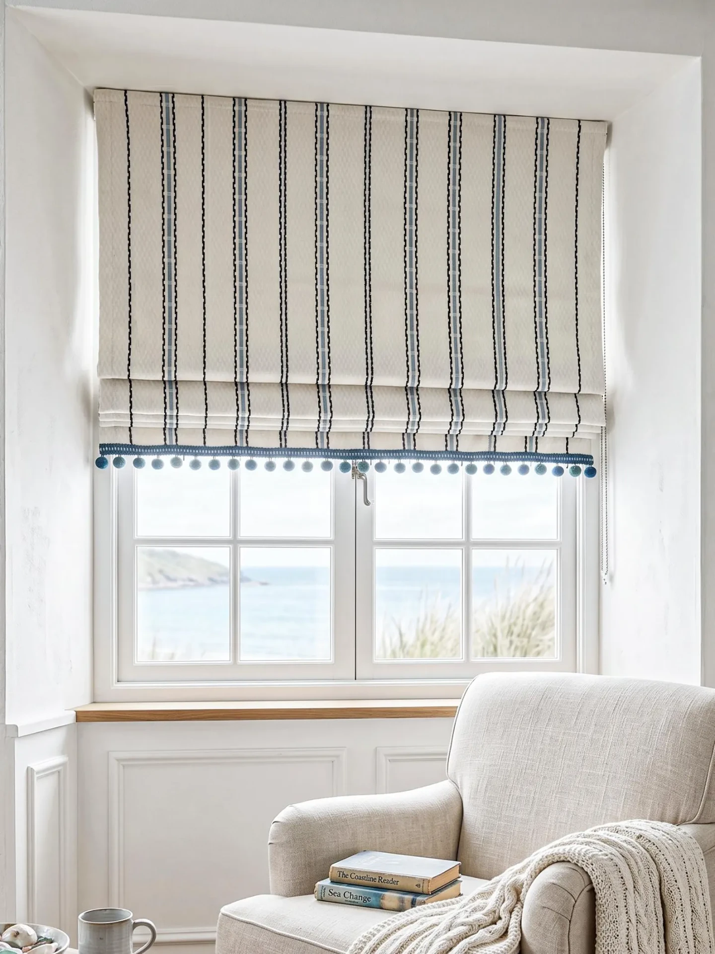 Coastal Roman Shade — White Blue Stripe with Pom Pom Fringe