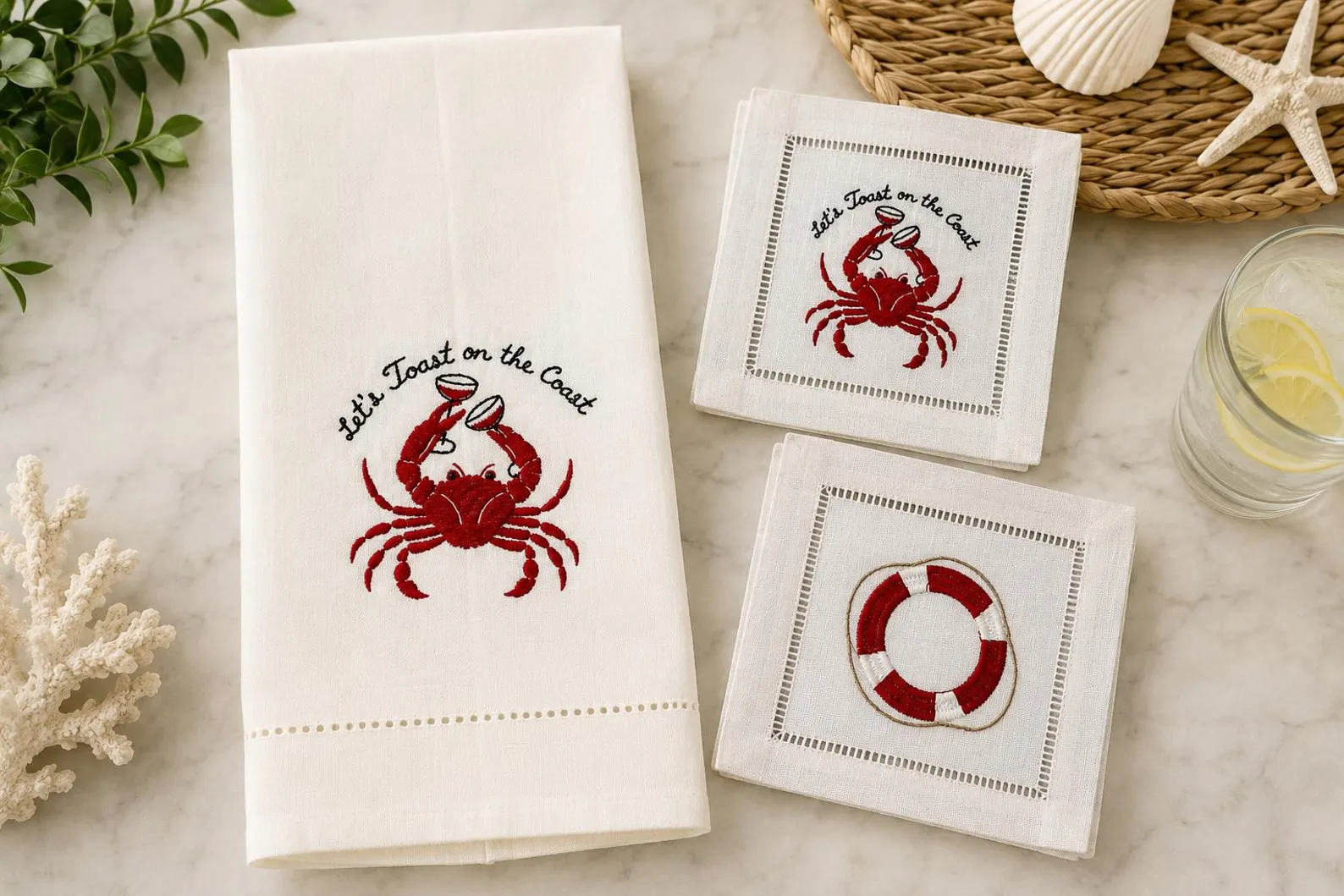 "Let's Toast on the Coast" Embroidered Crab Tea Towel & Cocktail Napkin Set