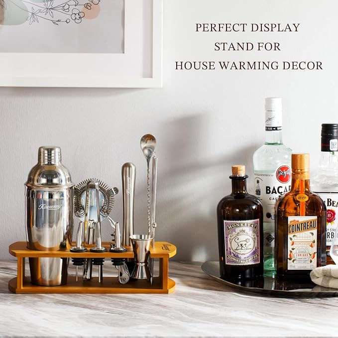 Stainless Steel Cocktail Shaker Bar Set with Bamboo Display Stand