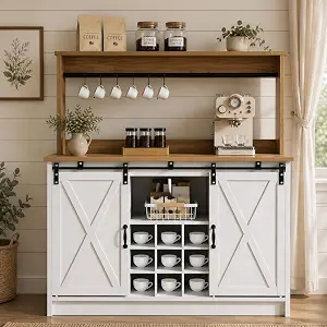 4ever2buy Farmhouse Coffee Bar Cabinet — Sliding Barn Door Sideboard with Hutch