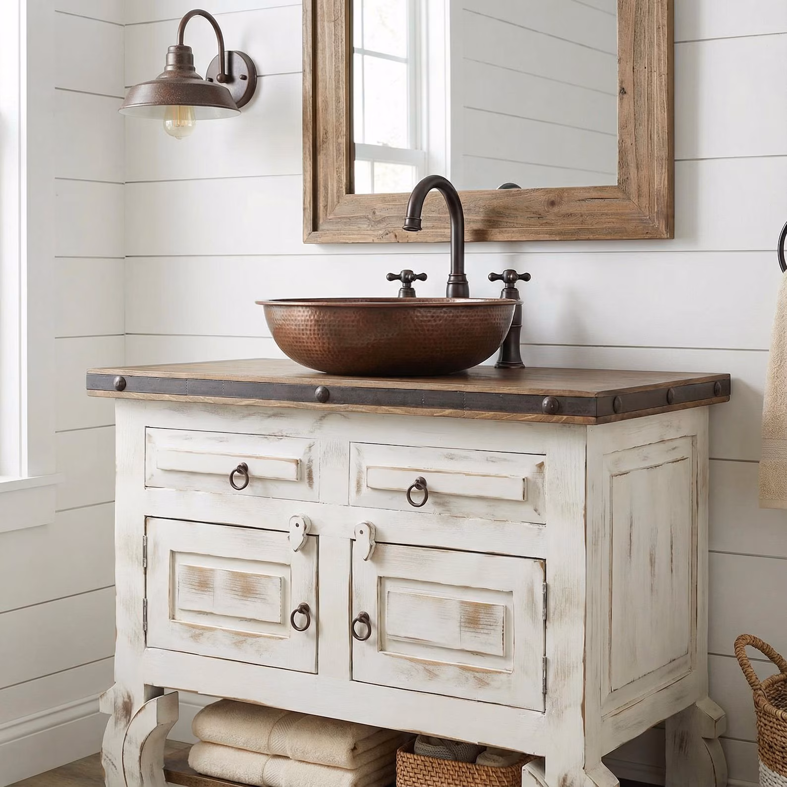 Marcos Farmhouse Vanity — Distressed White Reclaimed Wood with Copper Hammered Sink
