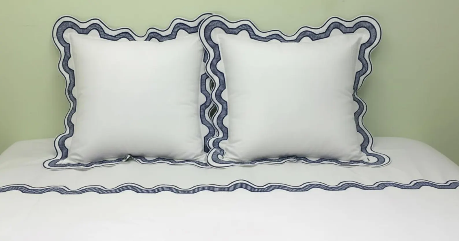 Navy Appliqué Scallop-Edge Ticking Pillow Shams — White Euro Shams