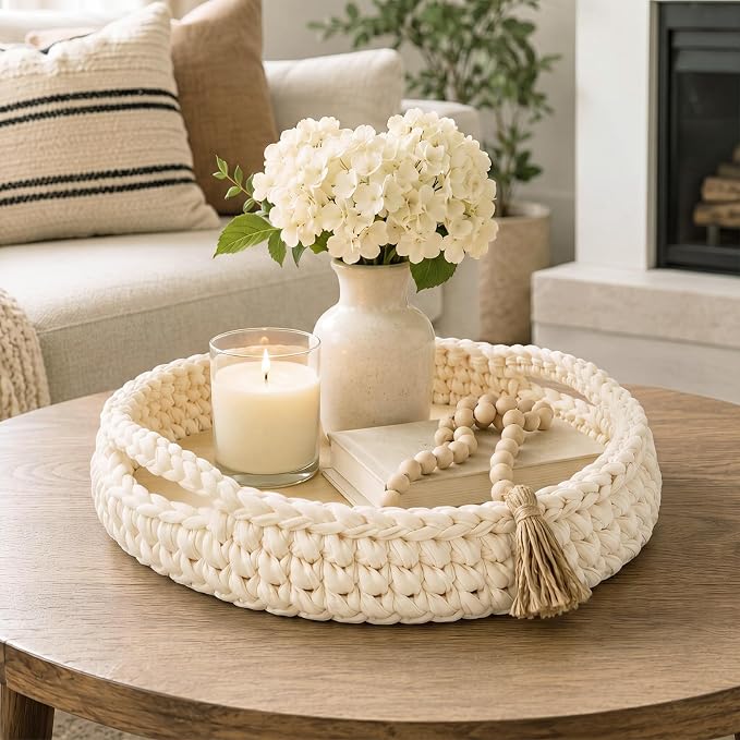 Cream Chunky Crochet Round Coffee Table Tray