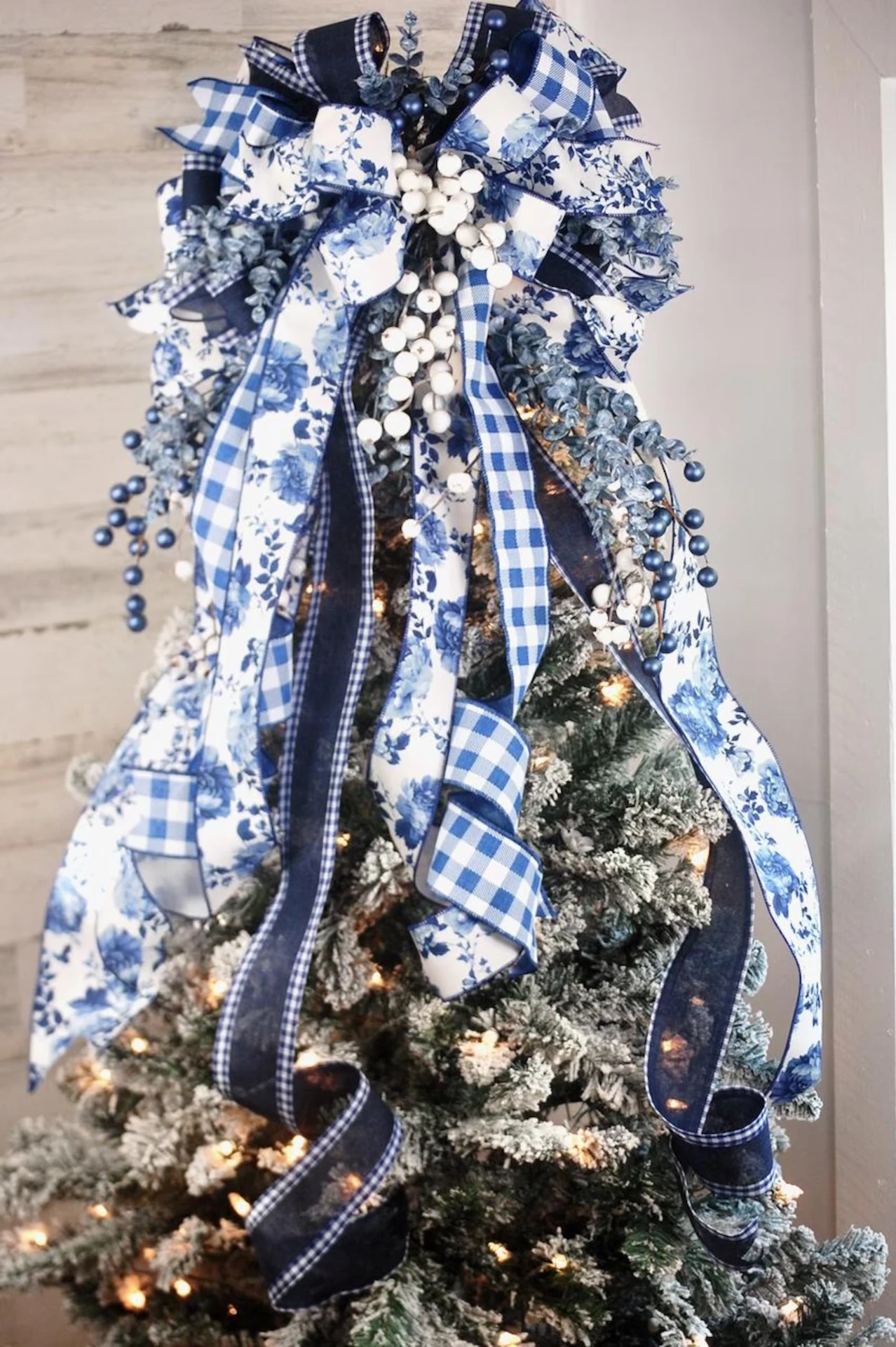 Chinoiserie Luxury Christmas Tree Topper Bow — Blue & White Gingham & Floral Ribbon