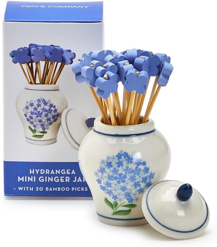 Two's Company Hydrangea Mini Ginger Jar with 20 Bamboo Cocktail Picks