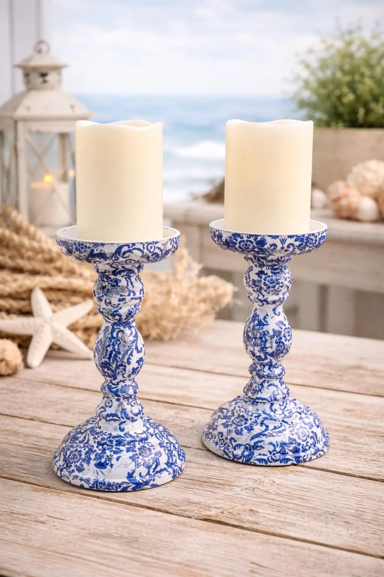 Blue & White Decoupage Chinoiserie Pillar Candlesticks (Set of 2)