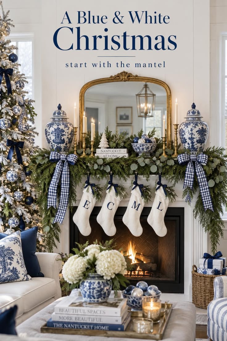 Blue and white Christmas living room mantel with gold baroque mirror, pine and eucalyptus garland, blue and white temple jars with navy gingham bows, brass candlesticks, monogrammed ivory stockings, frosted Christmas tree with chinoiserie ornaments, and a coffee table with hydrangeas in a ginger jar.