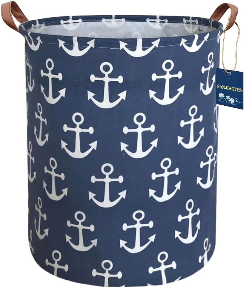 Navy Anchor Canvas Storage Basket with Leather Handles
